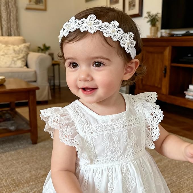Baby Girls Hairband White Bow Lace Headbands Handmade Soft Stretchy Wide Head Band Newborn Hairbands with Bows Pearls Elastic Headband for Infant Hair Accessories（White Lace Flowers）