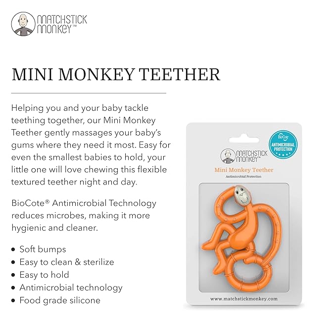Matchstick Monkey Silicone Mini Teether & Gel Applicator – Silicone Baby Teether, Easy-to-Grip, BPA-Free, Supports Self-Soothing & Early Brushing, 3 Months+, 4 Inches, Orange