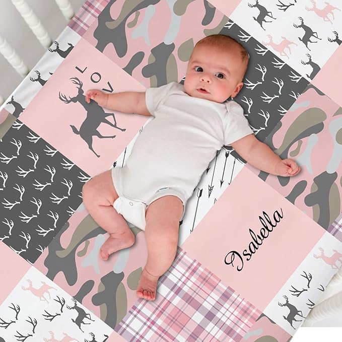 Personalized Pack and Play Sheets with Name, Custom Name Baby Mini Crib Sheets for Baby Girls, Name Pack n Play, Fitted Sheet with Name, Soft and Breathable Material (Woodland Deer Pink)