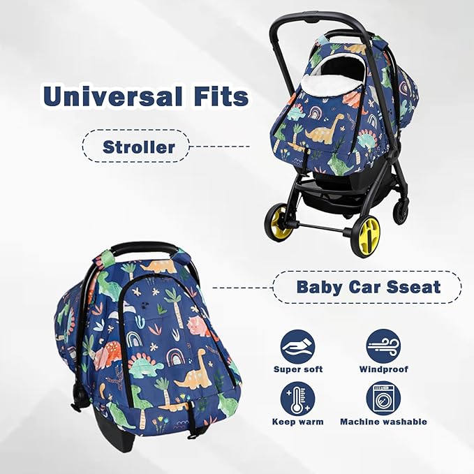 Winter Baby Car Seat Cover for Boys Girls, Warm and Cozy Infant Carseat Cover for Babies, Thickening Carseat Canopy Cover, Snow Resistant for Newborn Carrier Cover, Blue Dinosaur