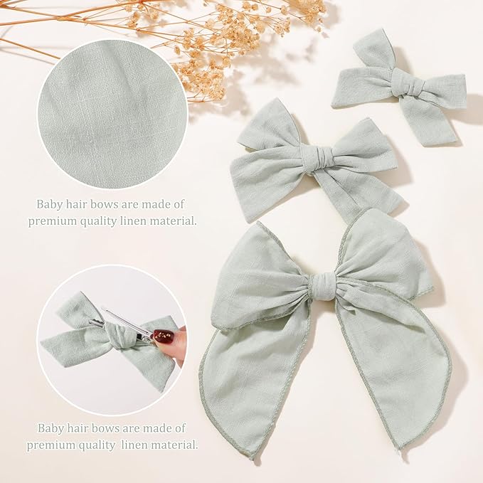 YHXX YLEN 5PCS Green Cotton Linen Hair Bows for Girls Handmade Alligator Clip Hair Accessories for Babies Infant Toddlers Kids(5inch×1, 4inch×2, 3.5inch×2)