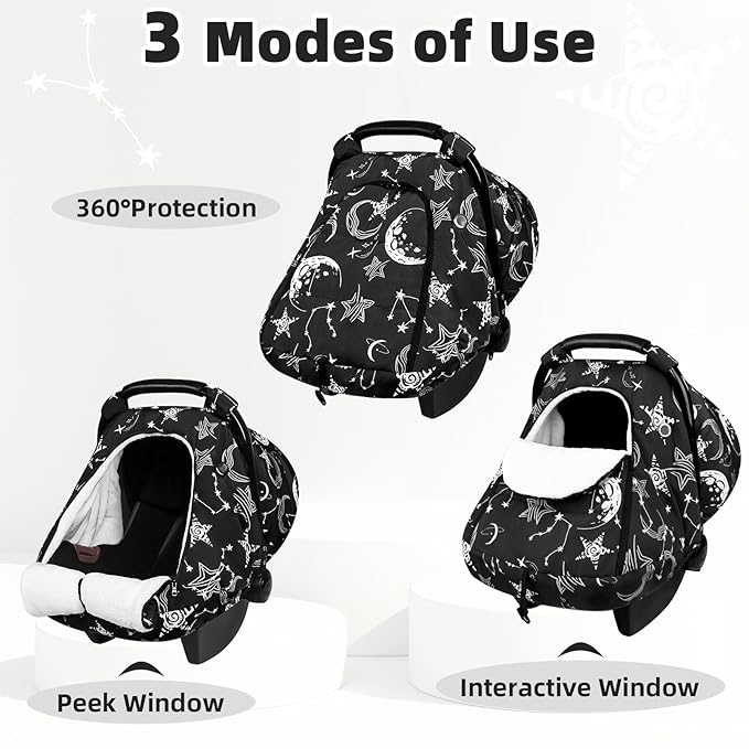 Winter Car Seat Cover Baby, GFU Warm Carseat Cover for Babies, Universal Infant Car Seat Canopy Waterproof, Cold Weather Shield Coats Black Star