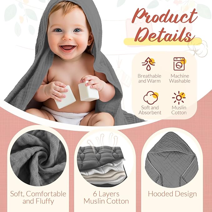 VitalCozy 12 Pcs Baby Muslin Hooded Bath Towels and Washcloths, Muslin Hooded Baby Towels Absorbent Blankets for Gift Newborn Infant Shower (Pastel)