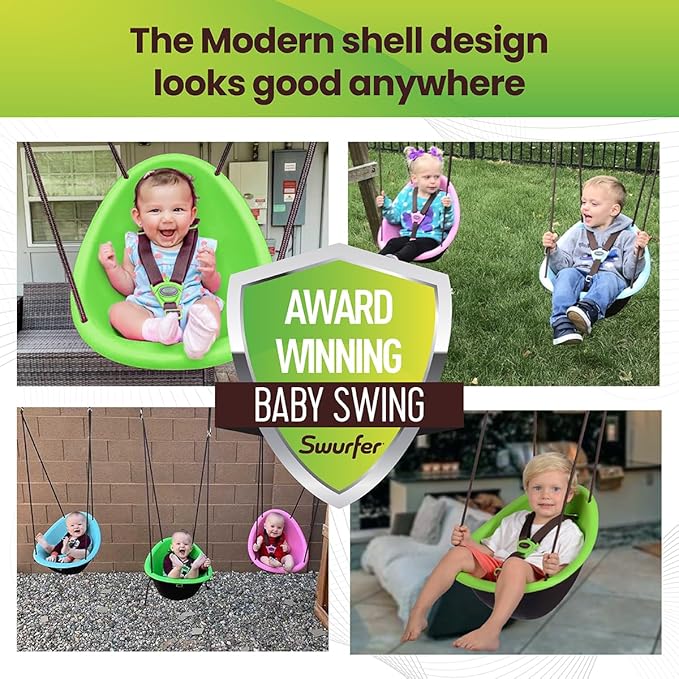 Swurfer Kiwi Toddler Swing – Comfy Baby Swing Outdoor, 3-Point Adjustable Safety Harness, Safe Quick Click Locking System, Foam-Lined Shell, Blister-Free Rope, Easy Installation, Age 9 Months and Up