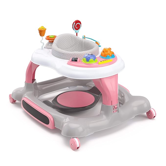 Storkcraft 3-in-1 Activity Walker and Rocker with Jumping Board and Feeding Tray, Interactive Walker for Toddlers and Infants, Pink