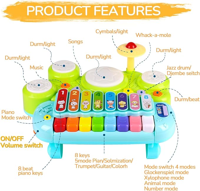 Baby Piano Drum Set for Toddlers 1-3, Musical Toys 3 in 1 Baby DJ Table Piano Keyboard Xylophone Instruments for 1 2 Year Old Boys Girls Music & Light Activity Table 6-12-18 Months Old Birthday Gifts