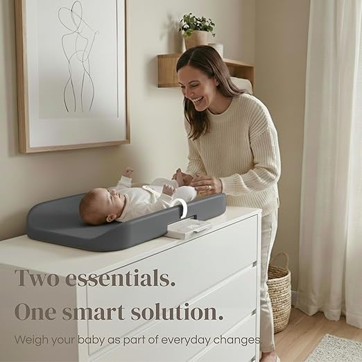 2-in-1 Baby Changing Pad with Integrated Scale, Contoured Wipe-Clean Foam, Non-Porous Waterproof Surface, Digital Baby Weighing Pad for Routine Changes, Safety Strap, Neutral Nursery Essential