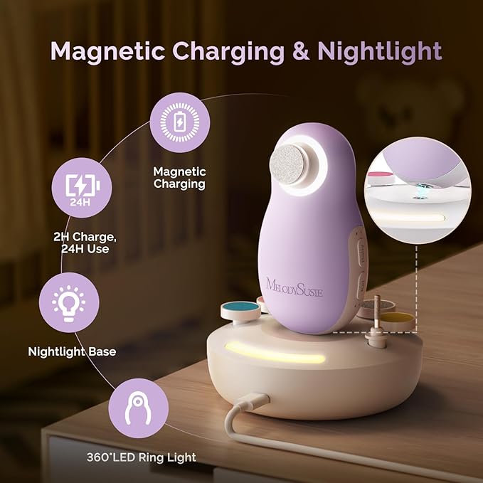 MelodySusie Baby Electric Nail File Kit, PC20F Cordless & Safe Nail Trimmer with Night Light, Quiet Operation for Newborns, Infants, Toddlers, Gentle Nail Care Clipper, Purple