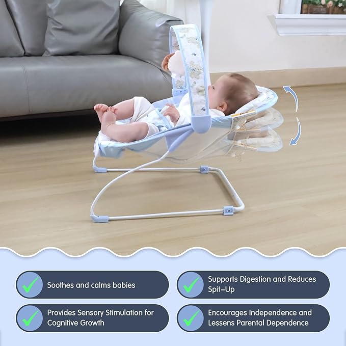 Portable Baby Bouncer Seat with 8 Melodies, 3 Vibration Levels & Adjustable Volume, Foldable Infant Bouncer Rocker with Safety Harness for Baby 0-6 Months, Indoor & Outdoor Use BR2401