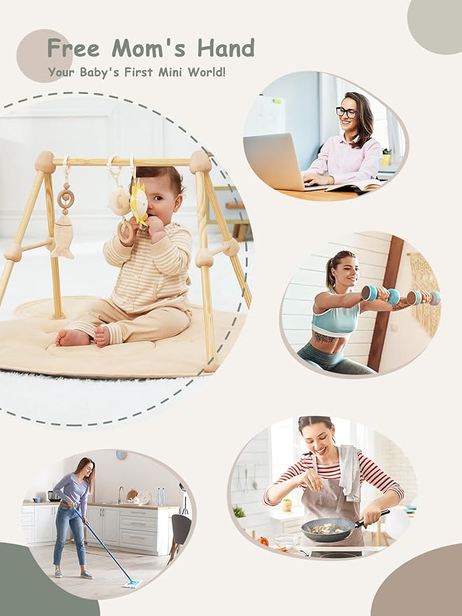 4-in-1 Wooden Baby Play Gym & Activity Mat, Soft Cotton Tummy Time Mat for Babies 0+,with 3 Detachable Toys for Sensory & Motor Skill Development,Newborn Infant Baby Essentials Gift,Bear