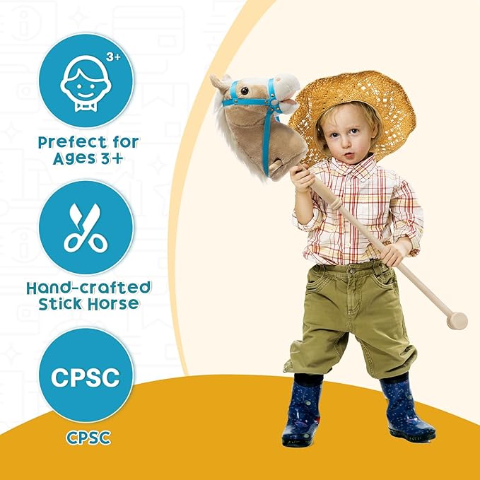 HollyHOME Stick Horse Plush Handcrafted Hobby Horse on a Stick with Wood Wheels Real Pony Neighing and Galloping Sounds for Kids Toddlers Beige 36 Inches(AA Batteries Required)