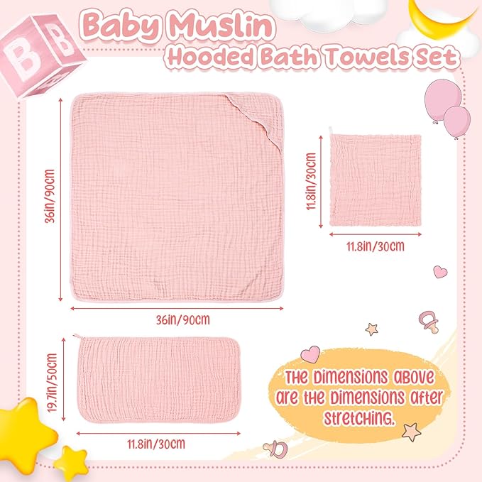 Breling 12 Pcs Muslin Hooded Baby Bath Towel, Hand Towels and Washcloth Set, 36"x 36" Cotton Newborn Bath Towel Cotton Absorbent Blanket Unisex Newborn Gift Essentials for Girl Boy (Pink Series)