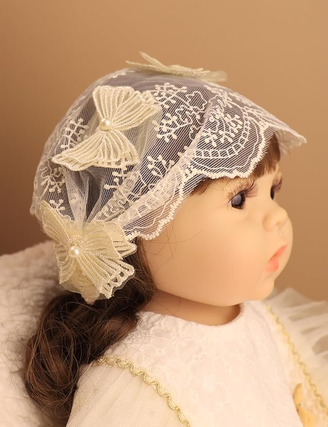 Baby Girls Headband Lacy Bow Pearl Wide Hair Band Turban for Infants Newborn Toddler Floral Ivory Elastic Head Wrap Breathable Sun Bonnet Hair Accessories (Ivory B)