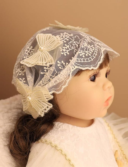 Baby Girls Headband Lacy Bow Pearl Wide Hair Band Turban for Infants Newborn Toddler Floral Ivory Elastic Head Wrap Breathable Sun Bonnet Hair Accessories (Ivory B)
