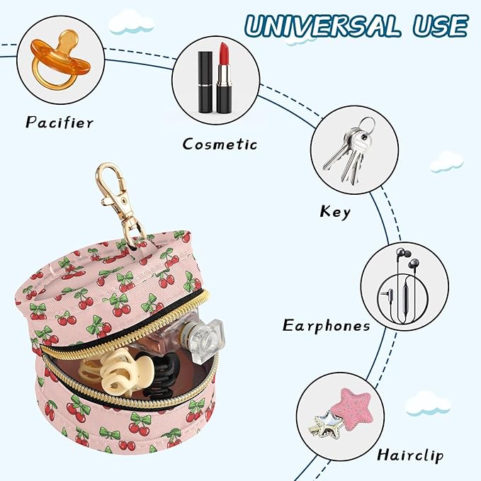 Cute Cherries Bows Pink Print Pacifier Holder Case for Diaper Bag Portable Travel Pacifier Storage Case with Clip Newborn Baby Pouch for Baby Boys Girls Purse Outdoor