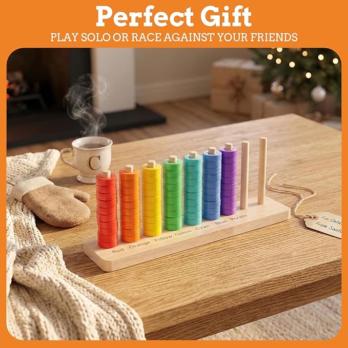 Wooden Color Sorting Stacking Toys, Montessori Toys Rainbow Rings Game, Wooden Sorting & Stacking Toys for Toddlers, Color Recognition Sensory Toy Educational for Ages 3 and Up Boys Girls Gift