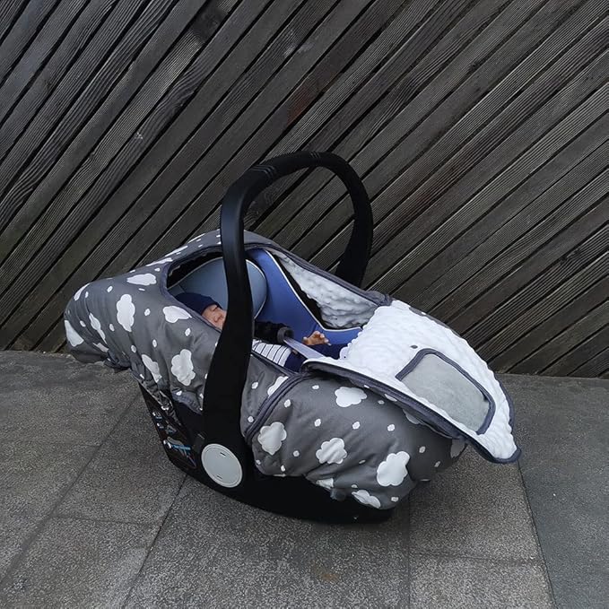 Carseat Cover, Winter Baby car seat Covers for Infant car seat, Baby Carrier Cover Canopy, Window in Door Zipper Open, Thick Padded, Grey Cloud;