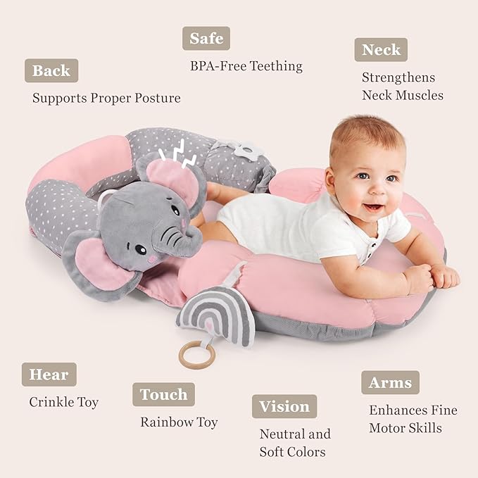 4 in 1 Tummy Time Mat with Educational Cards, Play Mat & Sitting Support for Newborn 0-12 Months, Infant Baby Sit Me Up Floor Seat, Sensory Skills Gifts, Elephant