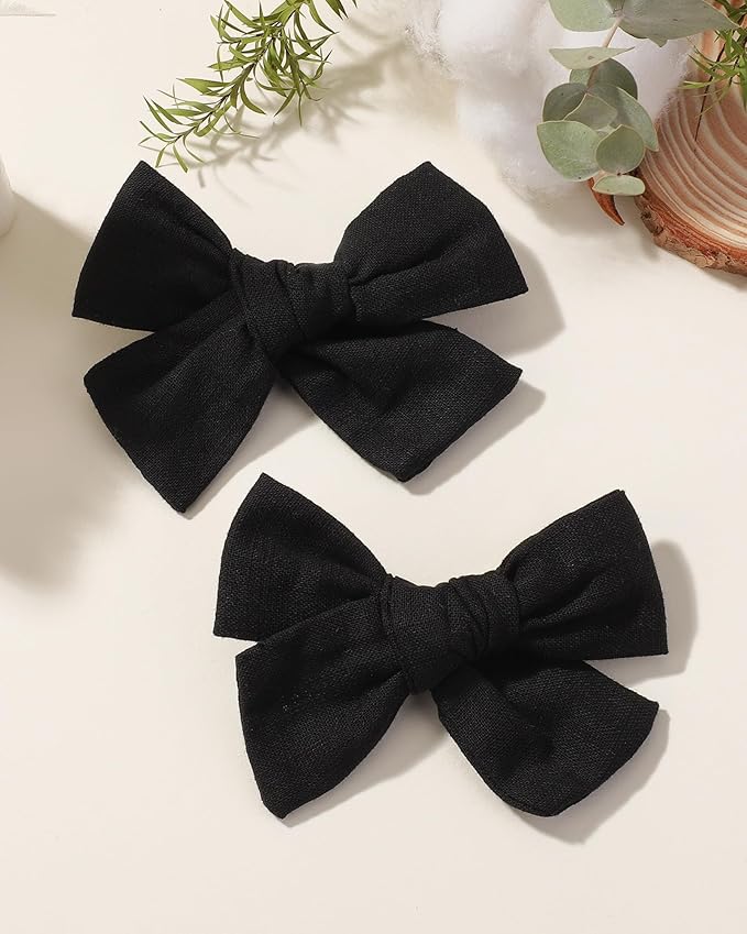 Jollybows 2pcs 3.2" Hair Bows Clips for Baby Girl Toddler Pigtail Neutral Linen Hair Clip Bows -Black
