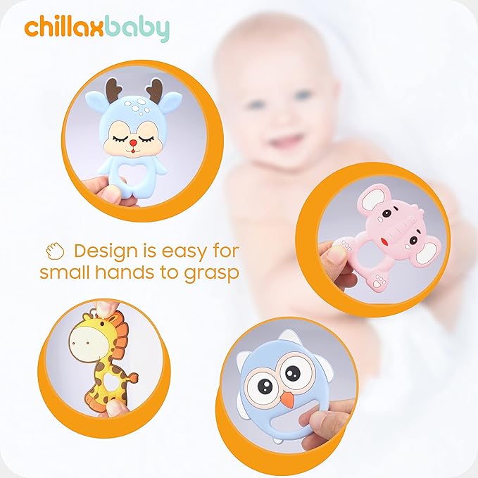 CHILLAX Teether Toys - Soothing Baby Teething Relief Toys, Helps Relieve Gum Pain - Soft, Easy-to-Grip, Non-BPA Silicone Teethers for Babies - Dishwasher-Safe - Shower Gifts for Infants 3+ Months Old