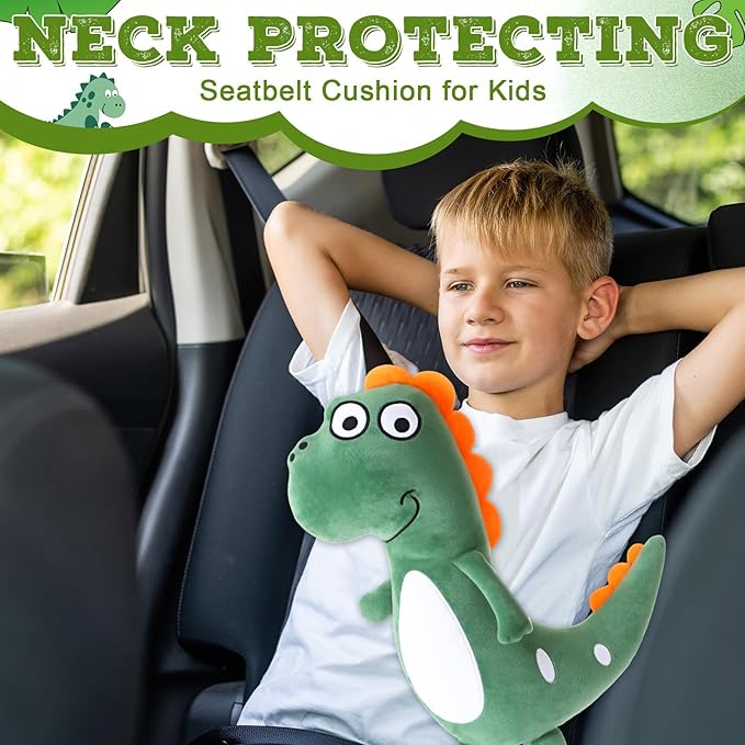 Lenwen 2 Pcs Seat Belt Pillow for Kids Cover for Boys Girls Seatbelt Cushion Pillow for Toddler Car Strap Covers for Travel Sleep Neck Head Support Pad(Green,Dragon)