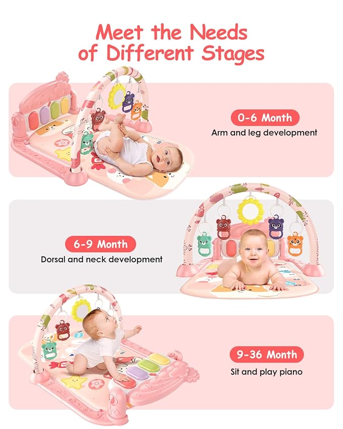 dearlomum Baby Play Gym Mat with 4-Key Musical Piano, Lights, Sounds & Hanging Toys for Tummy Time and Sensory Development, Infants to Toddlers (Pink Animal Theme)