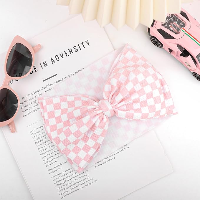 YanJie 7’’ Pink Checkered Bow for Baby Girl Racing Bows Plaid Headbands for Newborns Infants Toddlers Two Fast Birthday Girls Hair Accessories