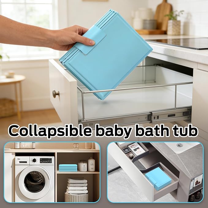 Collapsible Baby Bathtub, Foldable Infant Bath Tub with Non-Slip Base, Portable Travel Baby Bath for Newborns & Toddlers Indoor Outdoor Use, Baby Shower Gift, Blue
