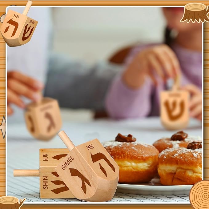 Wonderjune 2 Pcs Hanukkah Dreidels Extra Large Wooden Dreidel for Hanukkah Decoration with English Transliteration, Forever Spinning Tops Party Favors(Simple)