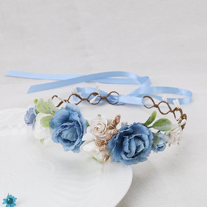 Flower Girl Flower Crown Pink Baby Girls Floral Headpieces Kids Headband Children Hair Wreath Photo Prop (Dusty Blue-Child Size)