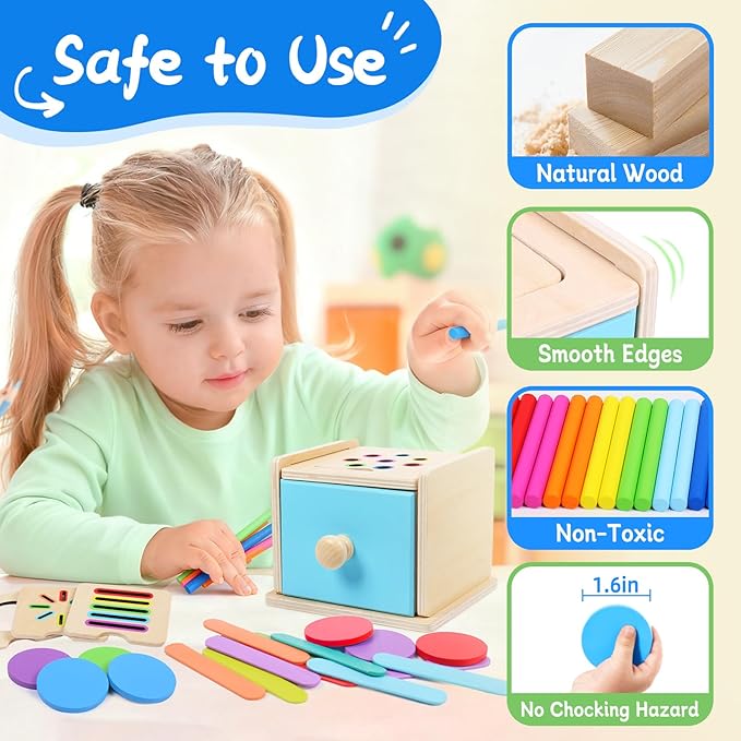 Montessori Toys for 1 2 3 Year Old, 4-in-1 Wooden Montessori Coin Box, Object Permanence Ball Drop Learning Color Sorting Toys for Toddlers 1-3, Gifts for 18 Months Baby Boys Girls