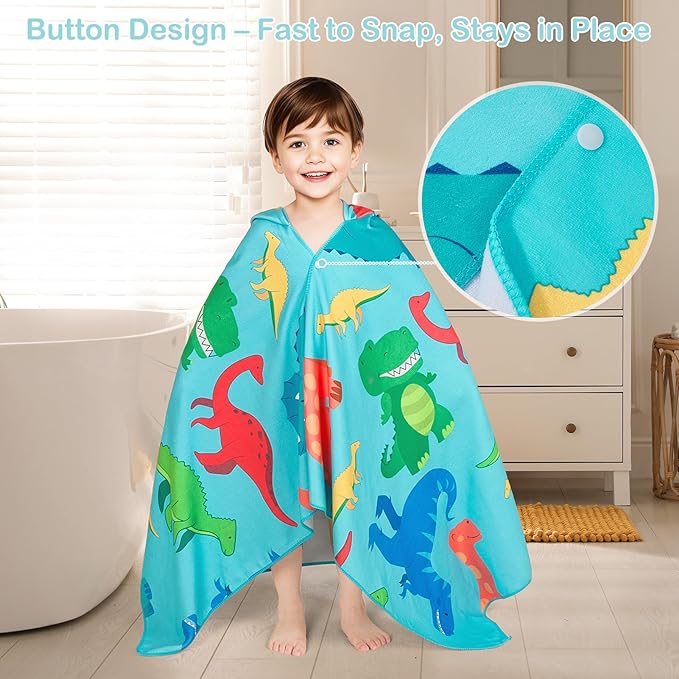 Basumee Toddler Bath Towels with Hood for 0–6 Years 55" x 28" Soft Absorbent Hooded Kids Bath Towel with Button for Boys and Girls Shower Bath Beach Swimming Essentials