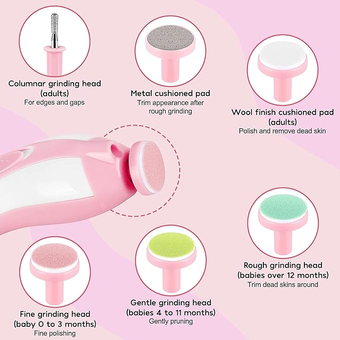 Qunlions life Baby Nail Trimmer File with Light - Safe Electric Nail Clippers Kit for Newborn Infant Toddler Kids Toes and Fingernails - Care, Polish and Trim - Battery Operated (AA), Pink