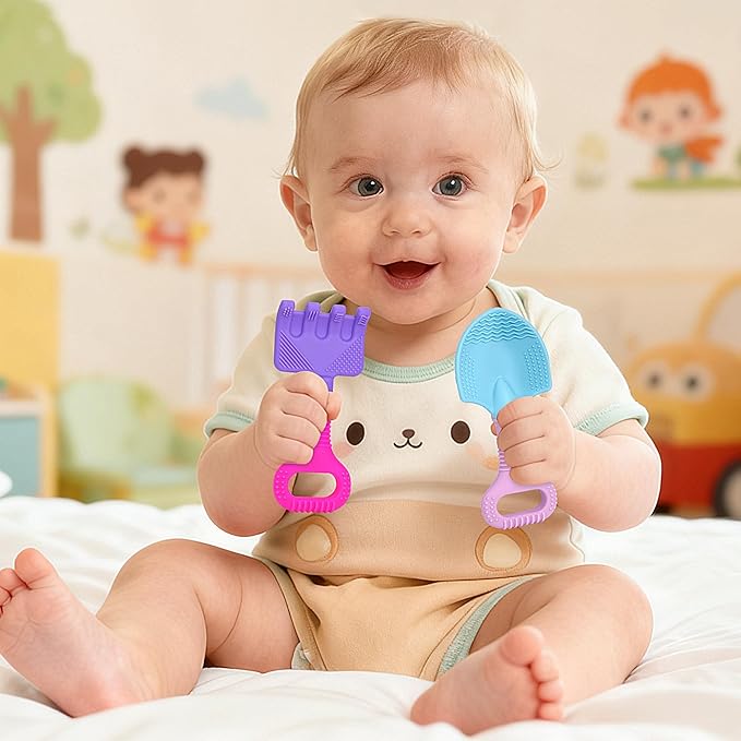 Baby Teething Toys, Baby Teether Toys Shovel & Rake Silicone Teethers for Babies 0-6 Months 6-12 Months, Multi-Texture Gum Massage Teething Relief Easy Grip for Infants Newborn Toddler, 2 Pack