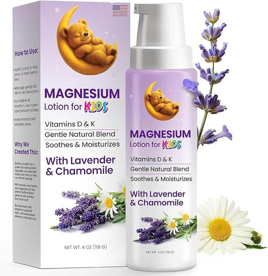 Magnesium Lotion for Kids | Magnesium Lotion for Sleep Bedtime Relaxation & Peaceful Nights | Calming Moisturizer with Lavender, Chamomile & Vitamins D & K | Hydrates and Soothing Relief