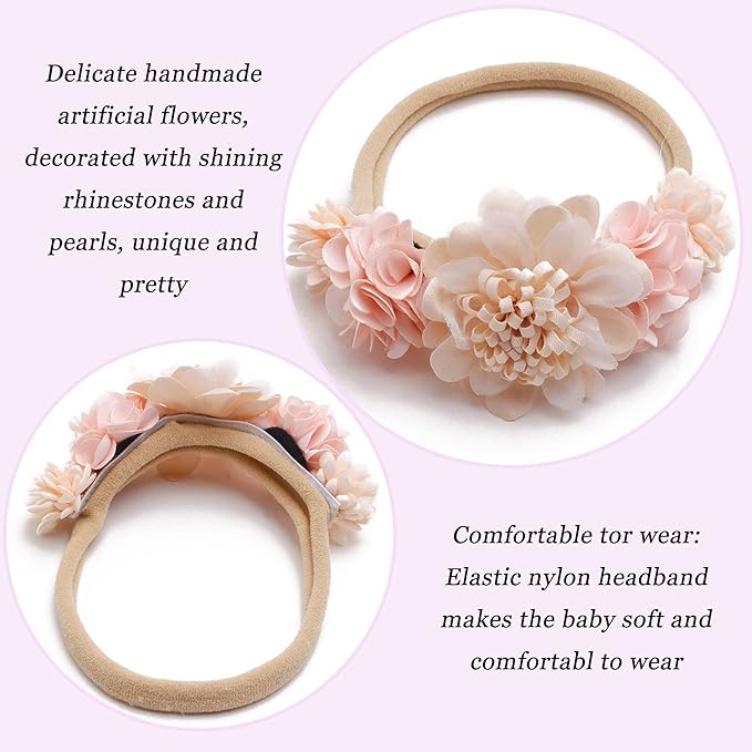 Baby Girl Flower Headband 6 PCS Elastic Hairbands Handmade Nylon Bows Headbands Chic Floral Hair Accessories Kids Gifts for Newborn Infant Toddlers
