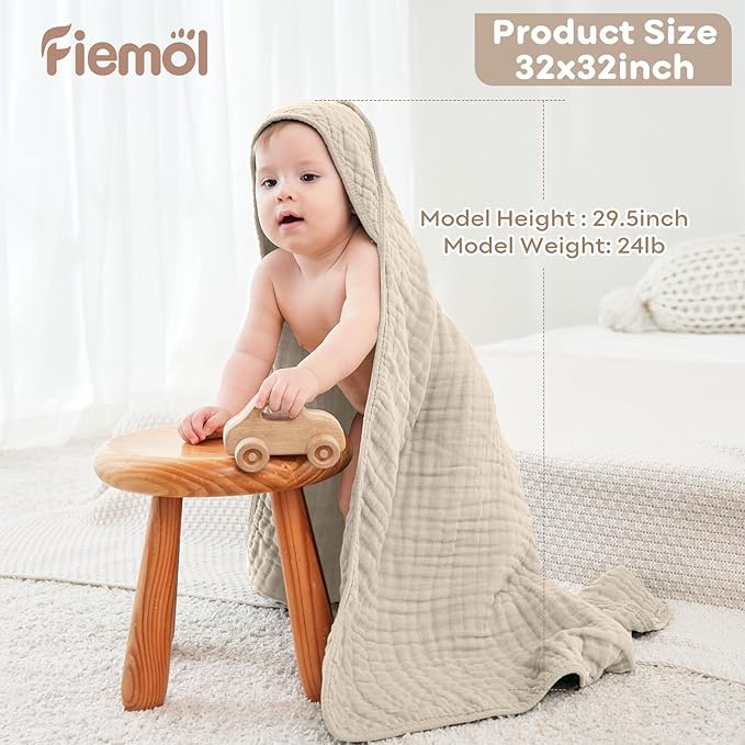 Baby Bath Towels, 100% Muslin Cotton Hooded Baby Towels for Newborn, 2 Pack Baby Towels with Hood for Infant Toddler and Kids, Large 32x32Inch, Soft and Absorbent