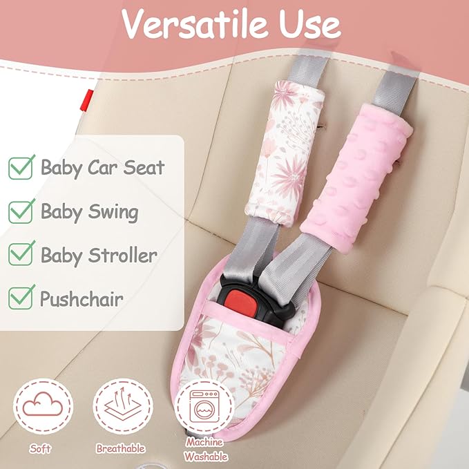 Baby Car Seat Strap Pads Suit, 3 Pieces Soft Car Seat Strap Shoulder Covers for Baby Infant Toddler, Double-Sided Car Seat Belt Covers for Stroller, Pushchair, Baby Swing, Pink Floral