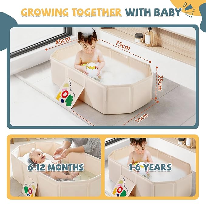 Orzbow Collapsible Baby Bathtub, Toddler Bathtub with Non-Slip Base, Portable Bath Tub for Kids Infant 12 Months+ Travel, Easy to Clean, Stable & Durable, Space-Saving, White