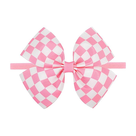 Pink Hair Bows for Girls Racing Baby Bow Checkered Flag White Bow Elastic Nylon Headband for Infant Toddler Newborn Hair Accessories Gift