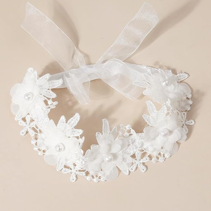Baby Girls Hairband White Bow Lace Headbands Handmade Soft Stretchy Wide Head Band Newborn Hairbands with Bows Pearls Elastic Headband for Infant Hair Accessories（Five Pearl Flowers）