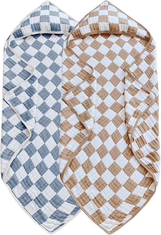 Ultra Soft Checkered Muslin Hooded Baby Towels for Newborn Boys and Girls 2 Pack 32x32 inch Cotton Muslin Baby Bath Towels for Newborns Toddlers,Newborn Essential (Blue and Coffee)