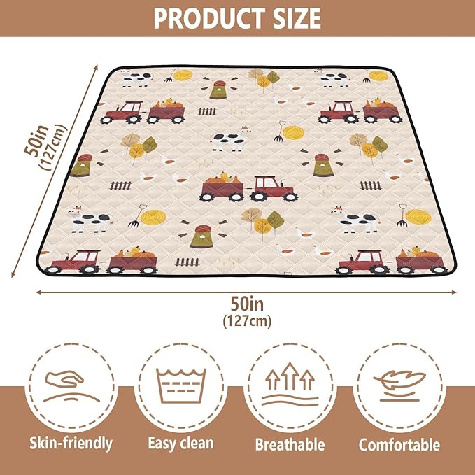 Baby Play Mat Cartoon Farm Cow Chicken Tractor 50 x 50 Playpen Mat Baby Play Mats for Floor Play Gym Crawling Mat Non-Slip Cushioned Baby Playmat for Infants, Babies, Toddlers