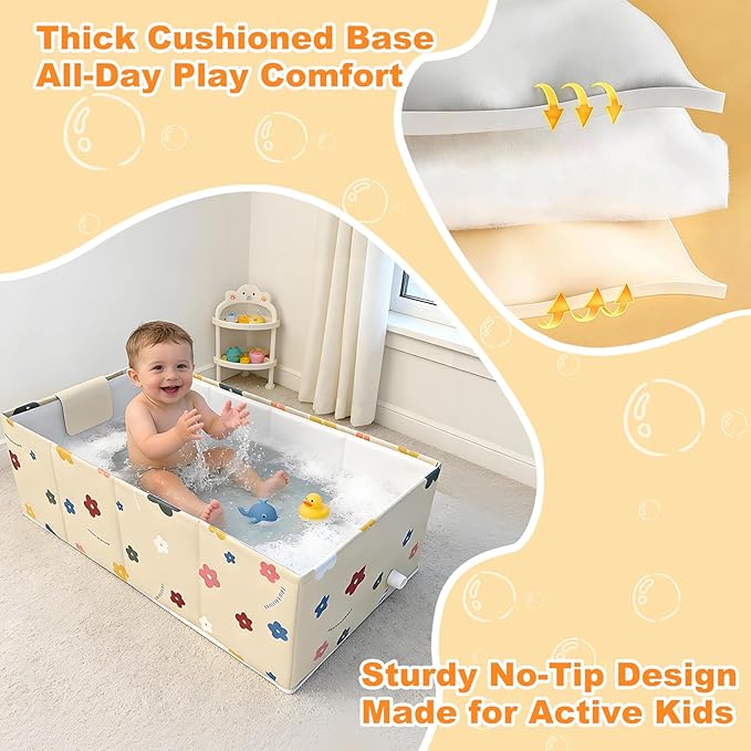 Baby Bathtub, 5-Layer Anti-Tear Foldable Toddler Bath Tub with Padded Bottom Drain Plug, Portable Collapsible Baby Bath for Travel, Shower, Sink, Indoor & Outdoor, 6 Months to 5 Years