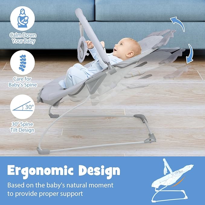 BABY JOY Baby Bouncer, Portable Baby Bouncer Seat with Vibration & Music, Removable Bar & Fabric Cover, 3-Point Safety Harness, Infant Bouncer for Babies 0-6 Months Up to 20 lbs