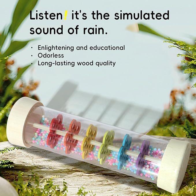 7 Inch Wooden Rain Stick Montessori Toys for Babies 6-12 Months, Baby Sensory Rattle Shaker Developmental Toy, Raindrops Musical Instrument for 0-6 6-18 Month Infants Toddlers