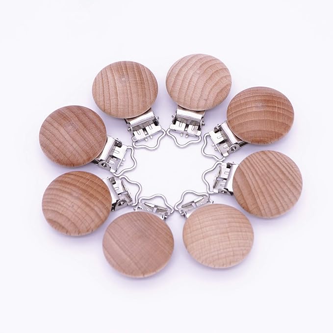 10Pcs 30mm (1.18") Natural Wood Pacifier Holder Round Beech Metal Wooden Pacifier Clip Suspender Clips DIY Pacifier Chain Accessories