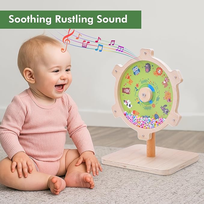 Spinning Activity Drum Toy with Sound, Montessori Wooden Sensory Toy for Babies, Perfect Birthday & Party Gift for 6-18 Months+