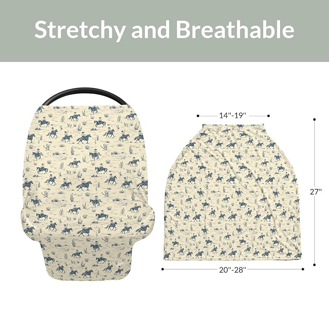 Vintage Western Cowboy Baby Car Seat Covers Retro Cowboy Cactus Horse Stretchy 5-in-1 Cover Adjustable Infant Carseat Canopy Cover Wild Desert Country Breathable Nursing Cover-Up
