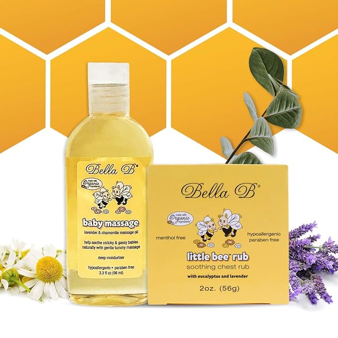 Bella B Bundle Chest Rub 2 oz & Baby Massage Oil 3.3 oz - Baby Chest Rub - Baby Vapor Rub - Baby Oil Organic - Organic Baby Oil - Eucalyptus Chest Rub - Baby Oil Rub - Hypoallergenic Massage Oil, 2 piece set